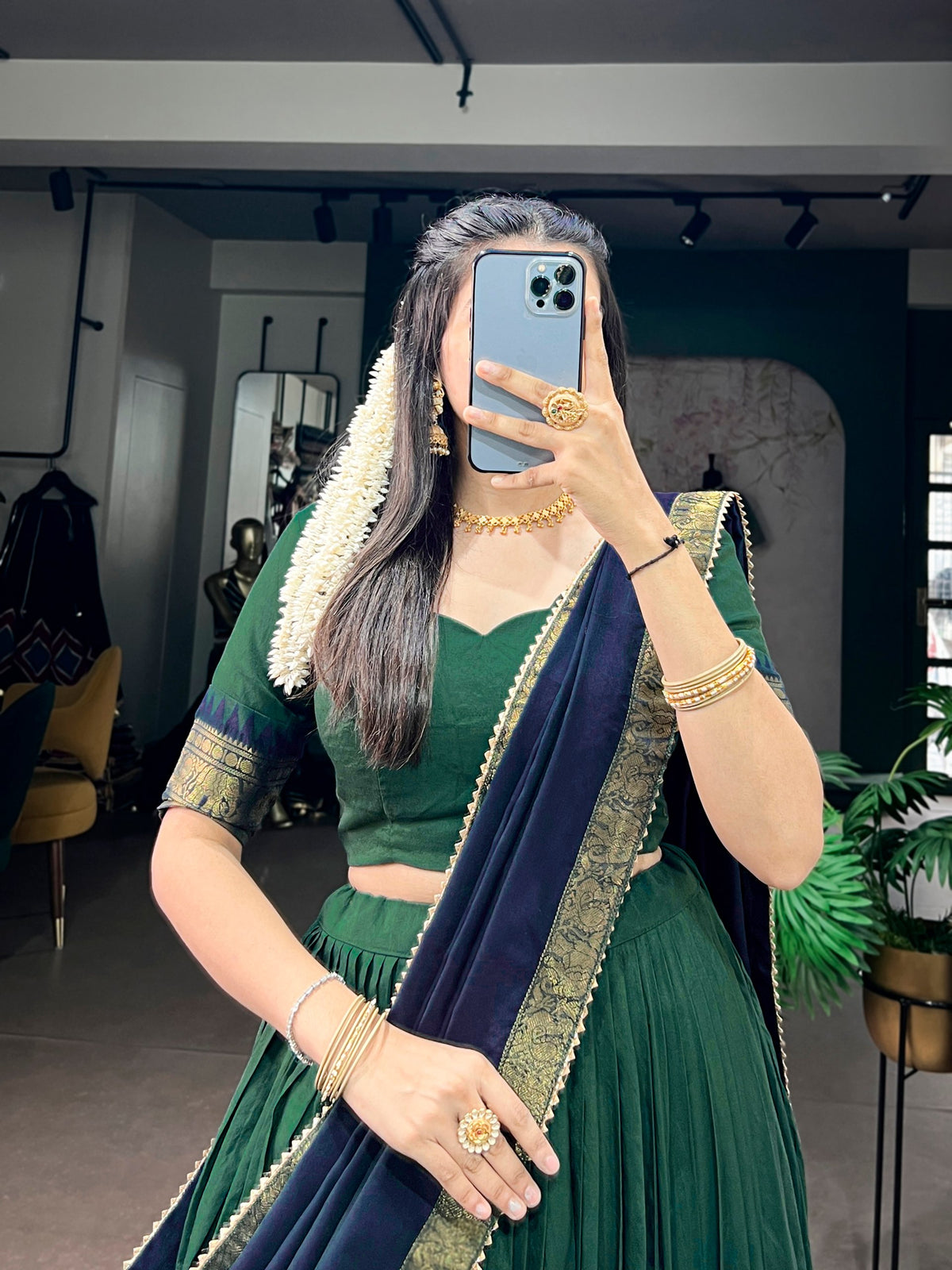 Dark Green Zari Woven Poly Cotton Lehenga Choli Set