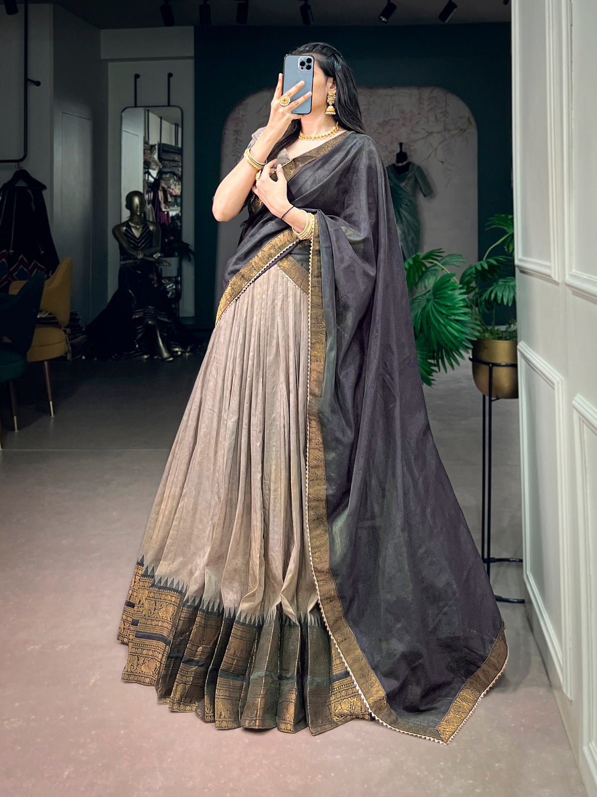 Brown Zari Woven Poly Cotton Lehenga Choli Set