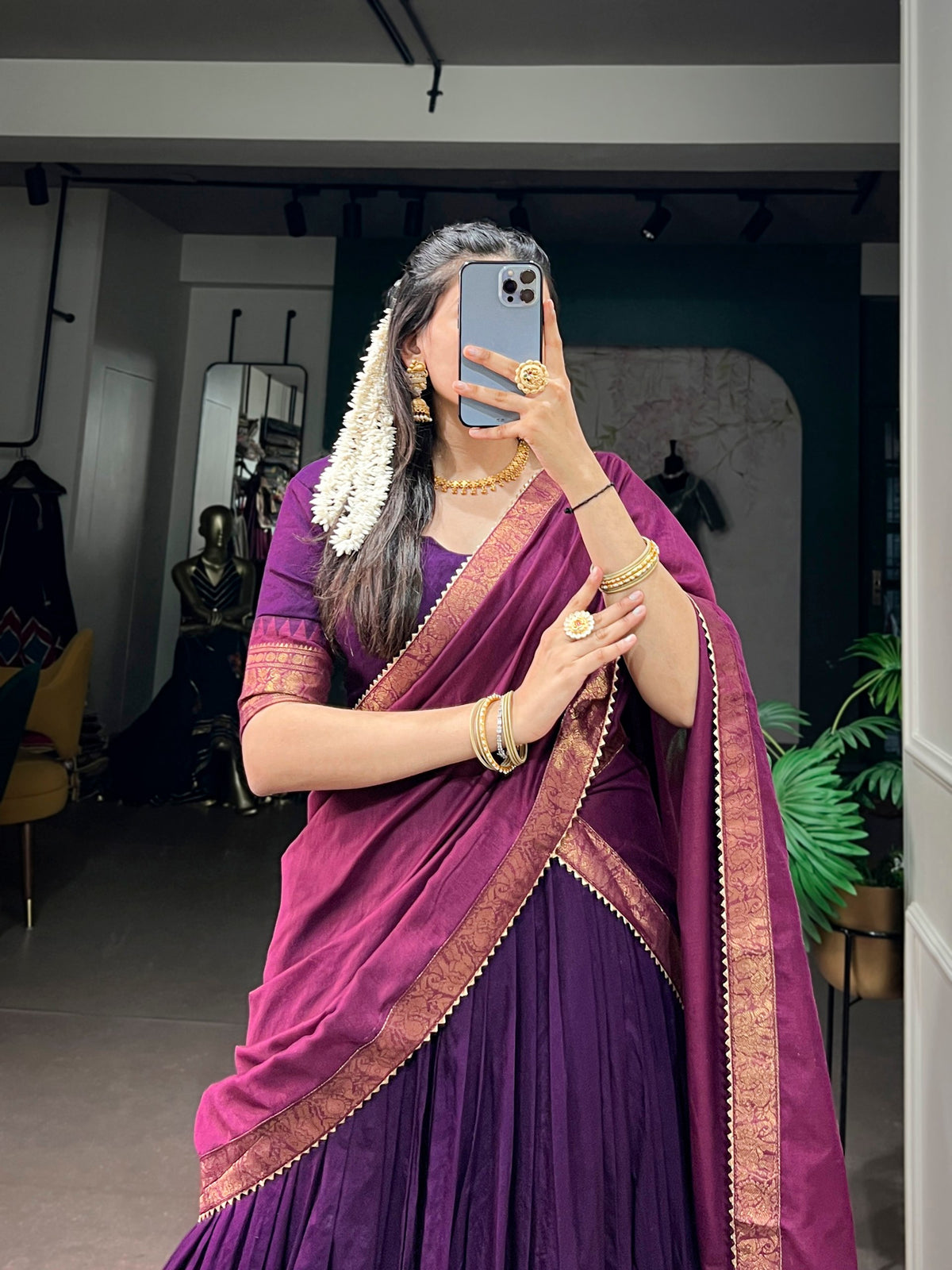 Dark Purple Zari Woven Poly Cotton Lehenga Choli Set