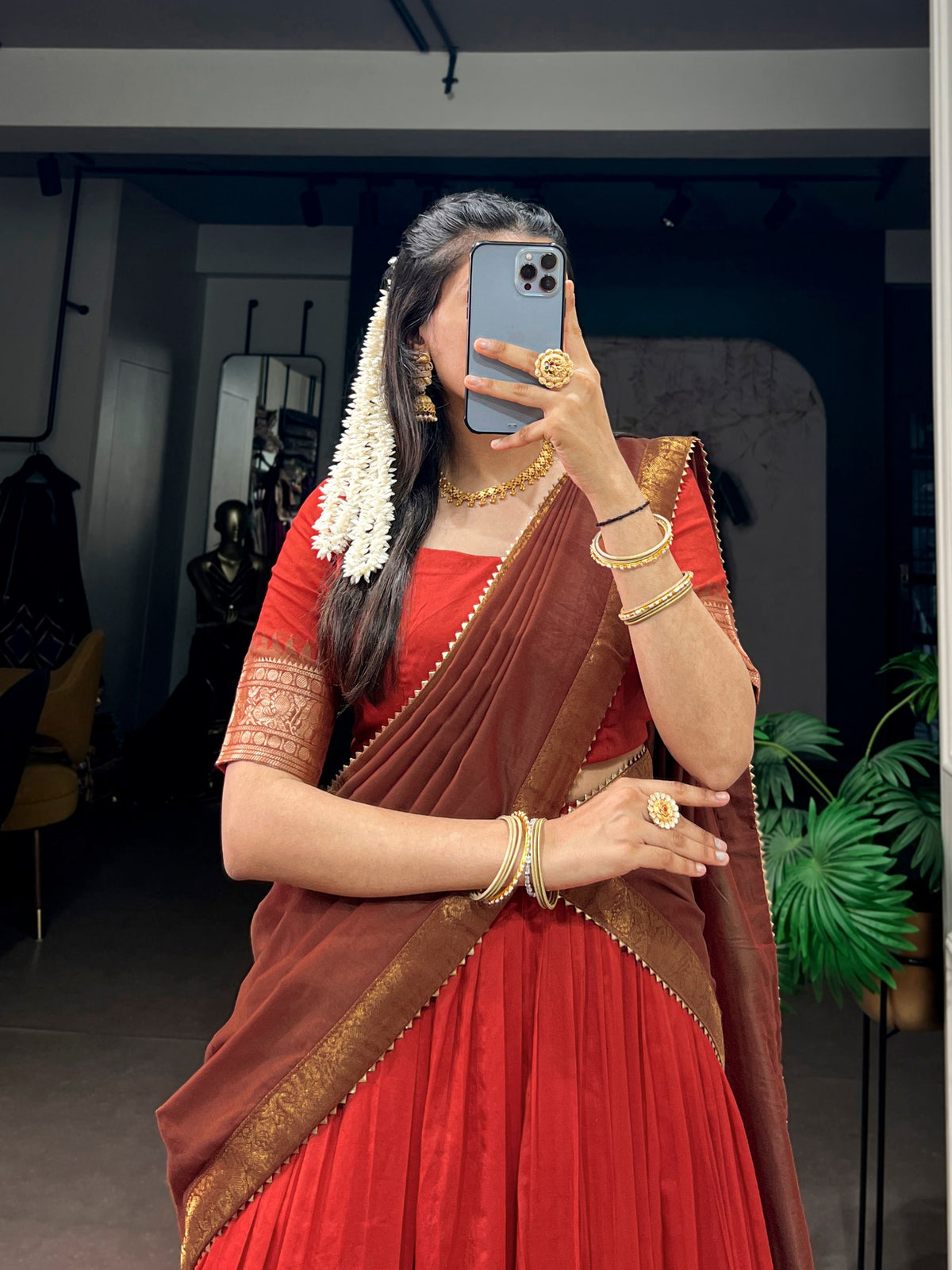 Rust Zari Woven Poly Cotton Lehenga Choli Set