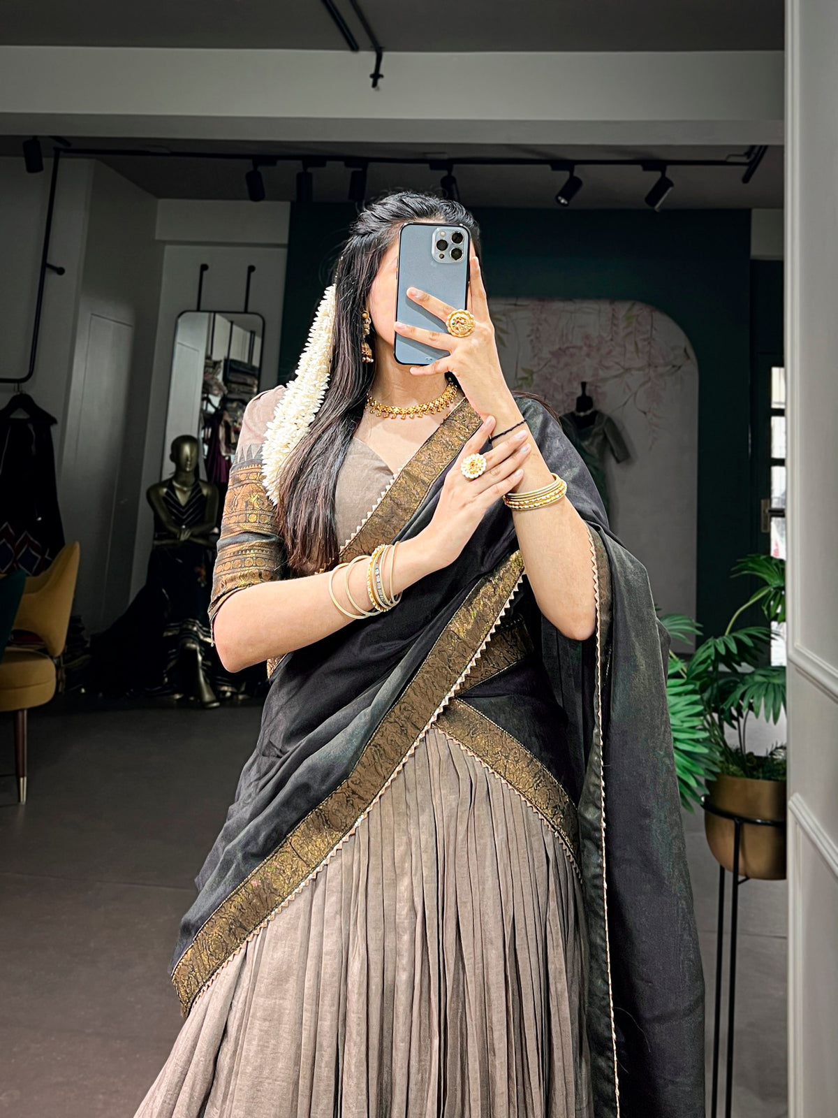 Brown Zari Woven Poly Cotton Lehenga Choli Set