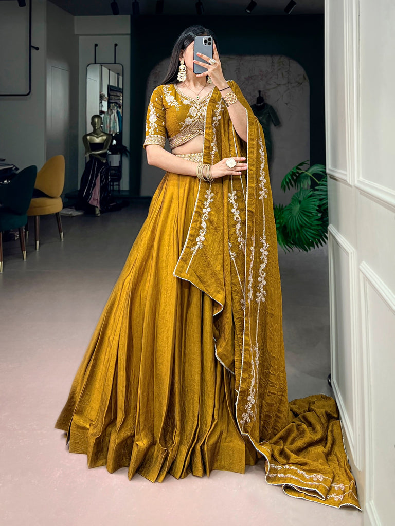 Mustard Rangoli Crush Lehenga Choli with Sequin Belt