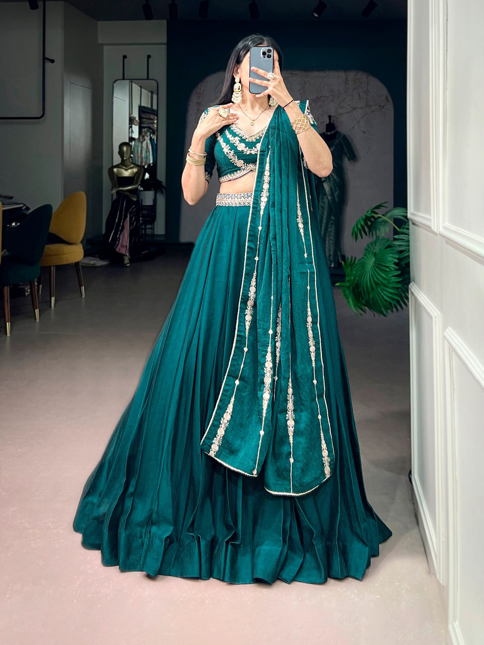 Dark Green Rangoli Crush Lehenga Choli with Sequin Belt
