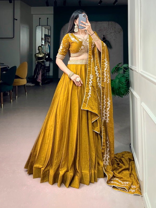 Mustard Rangoli Crush Lehenga Choli with Sequin Belt