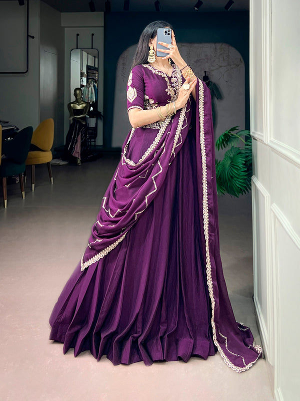 Dark Purple Rangoli Crush Lehenga Choli with Sequin Belt
