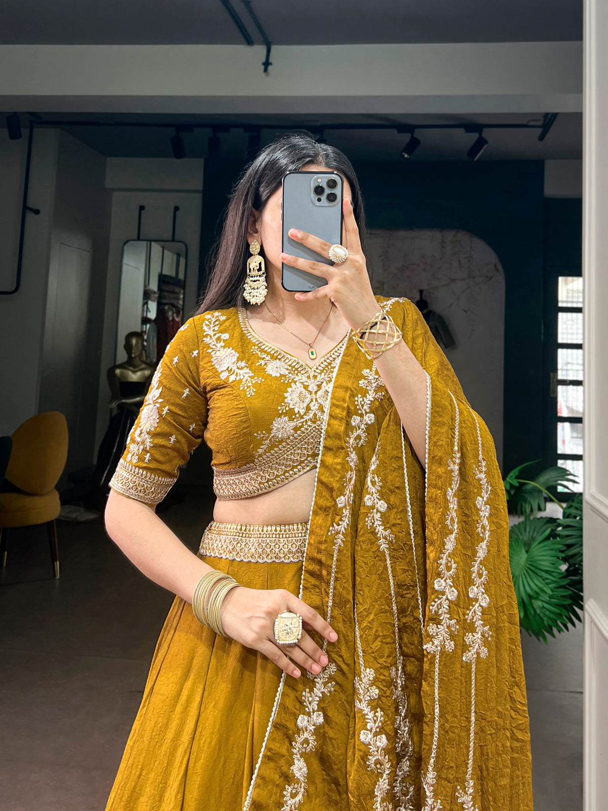 Mustard Rangoli Crush Lehenga Choli with Sequin Belt