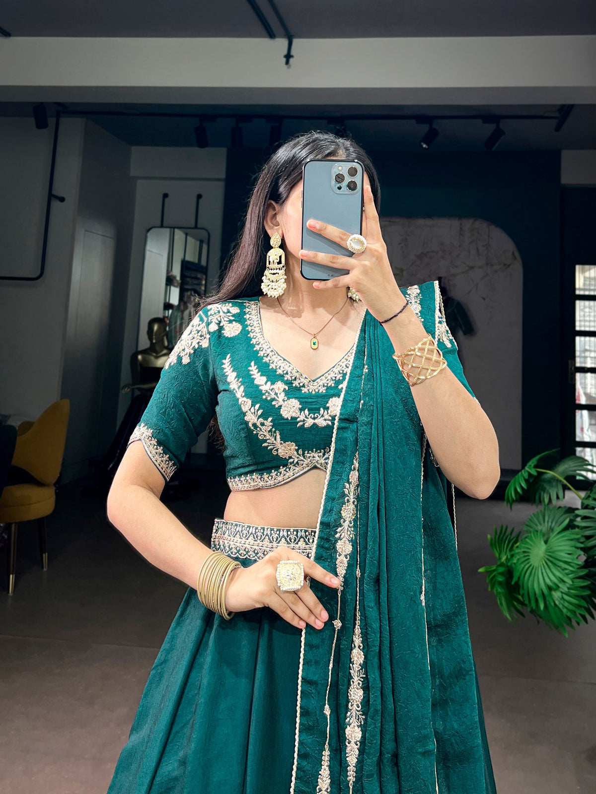 Dark Green Rangoli Crush Lehenga Choli with Sequin Belt