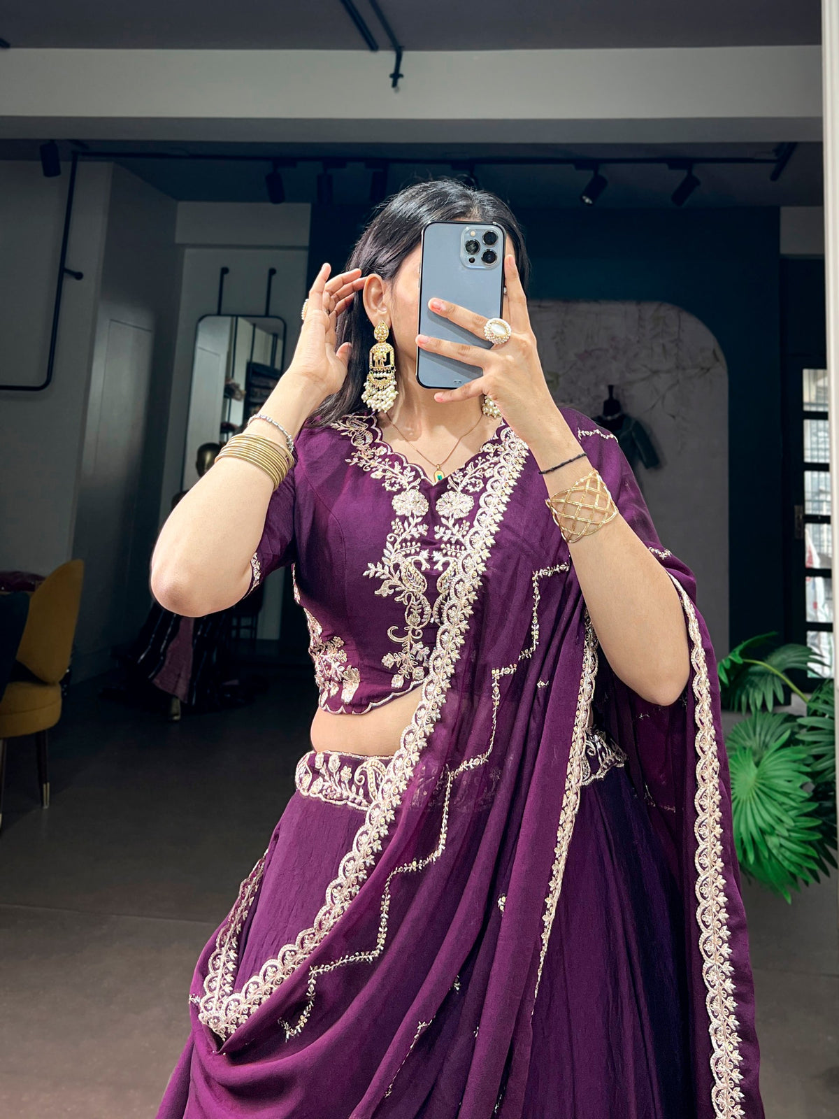 Dark Purple Rangoli Crush Lehenga Choli with Sequin Belt