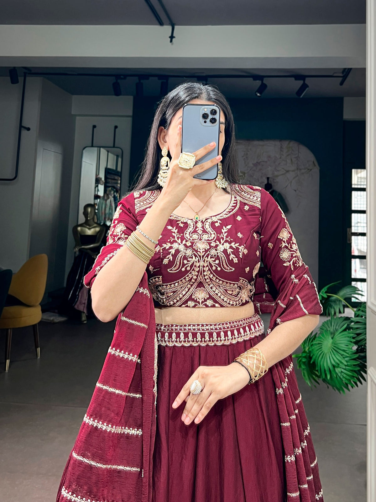 Maroon Rangoli Crush Lehenga Choli with Sequin Belt