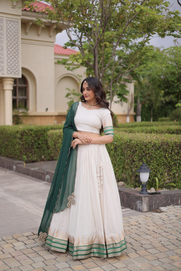 Dark Green Viscose Jacquard Lehenga Choli Set with Emerald Dupatta