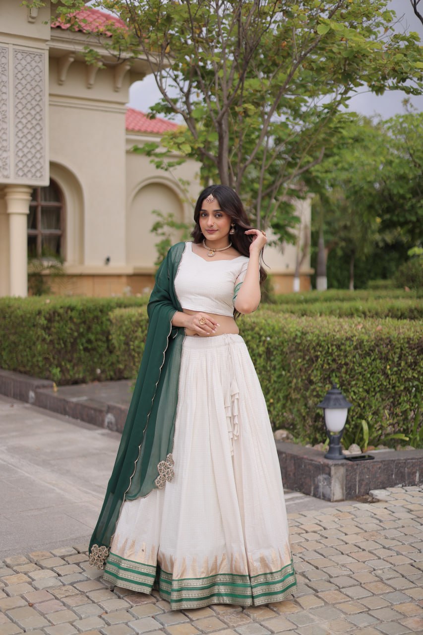 Dark Green Viscose Jacquard Lehenga Choli Set with Emerald Dupatta