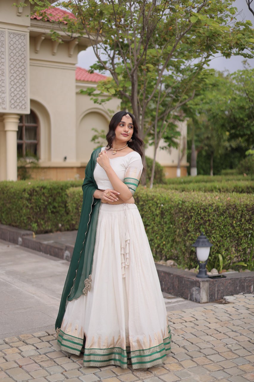 Dark Green Viscose Jacquard Lehenga Choli Set with Emerald Dupatta