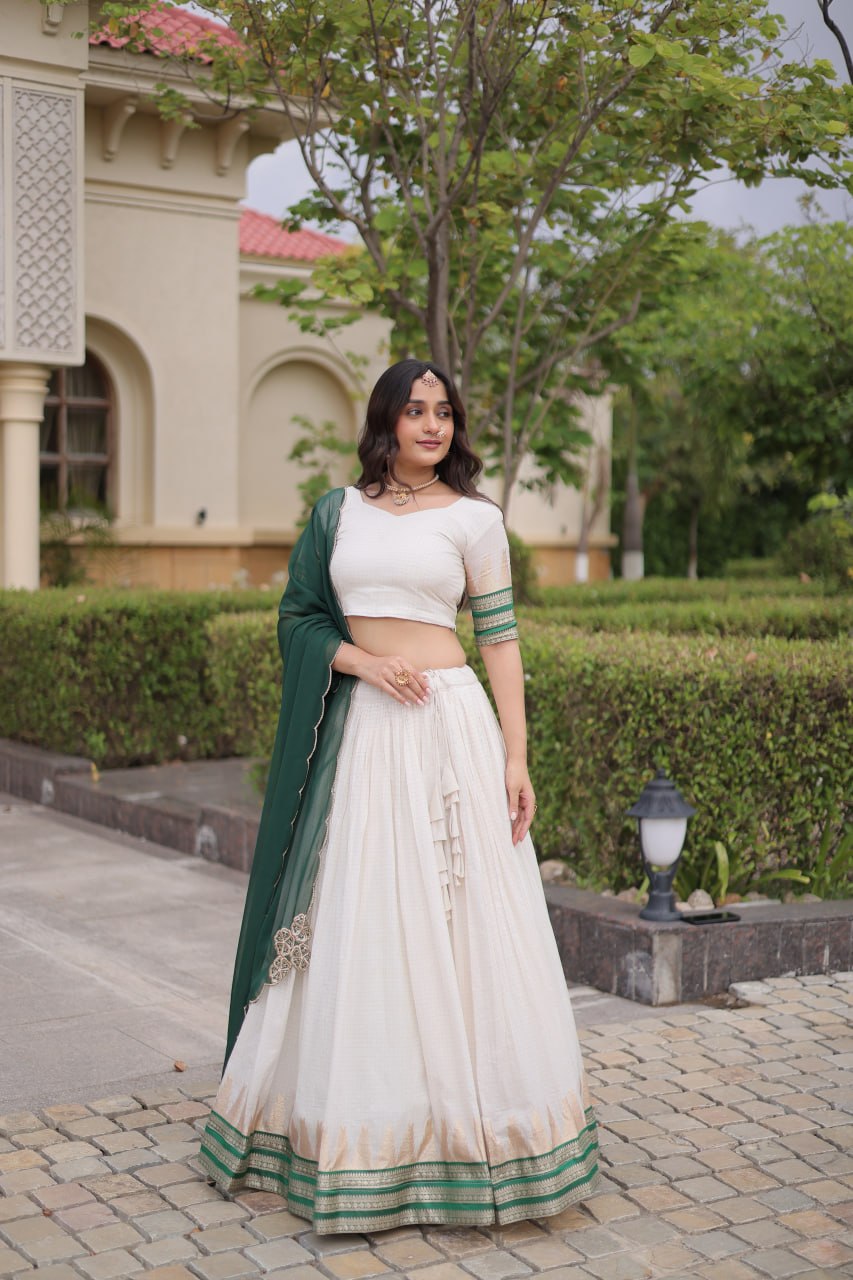 Dark Green Viscose Jacquard Lehenga Choli Set with Emerald Dupatta