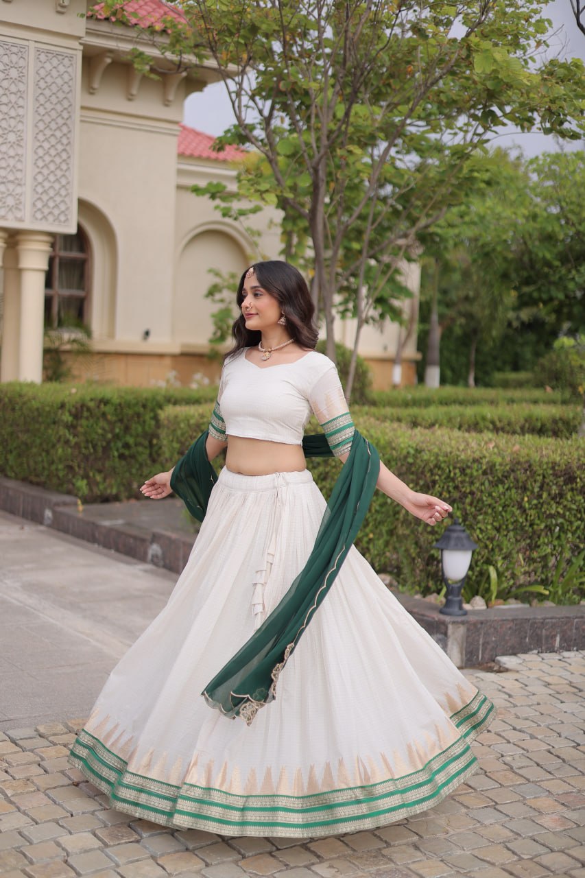 Dark Green Viscose Jacquard Lehenga Choli Set with Emerald Dupatta