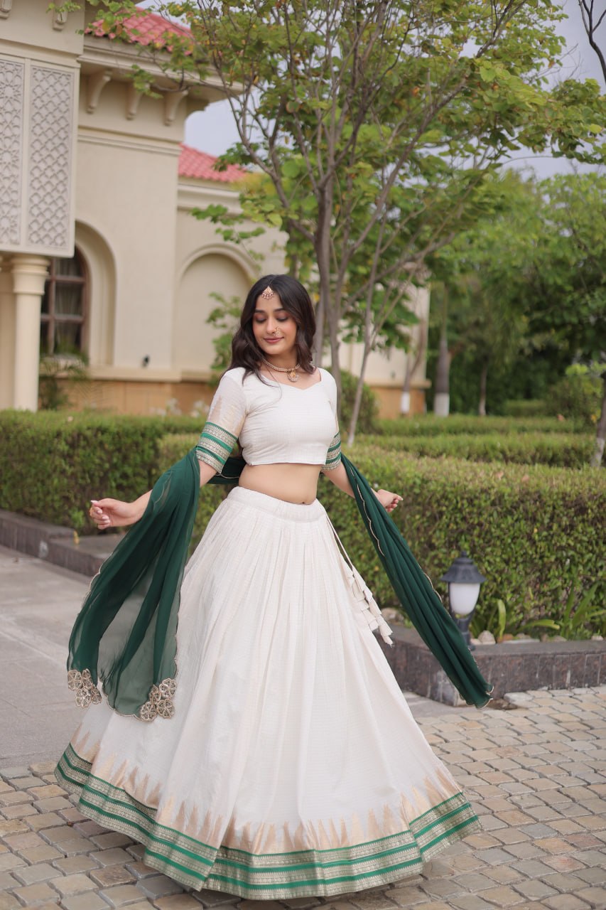 Dark Green Viscose Jacquard Lehenga Choli Set with Emerald Dupatta