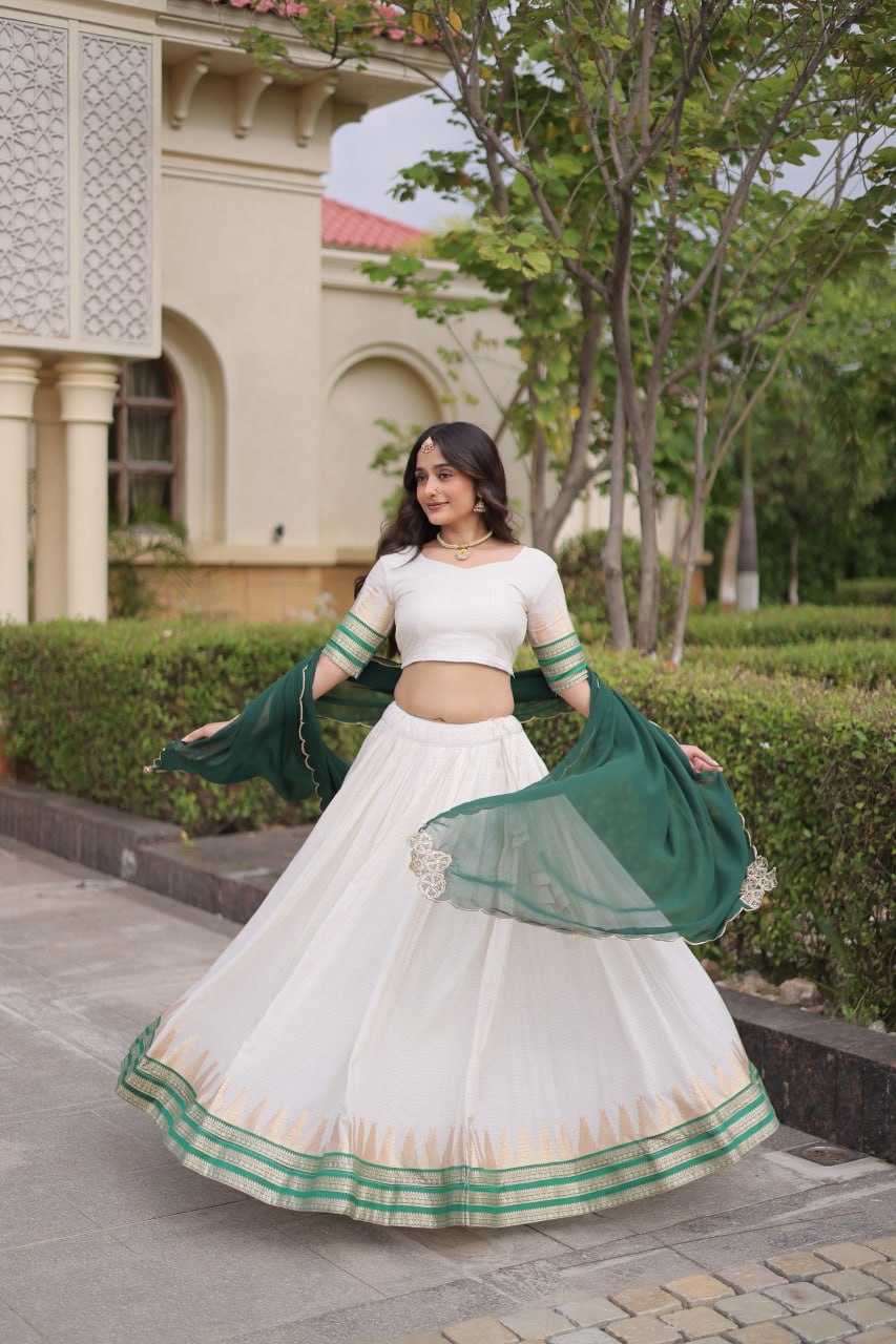 Dark Green Viscose Jacquard Lehenga Choli Set with Emerald Dupatta