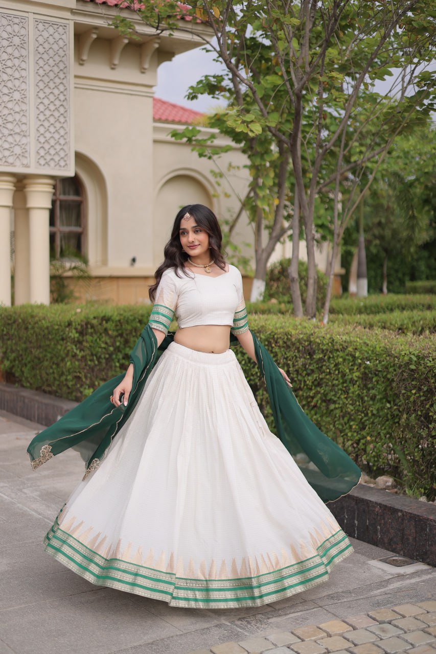 Dark Green Viscose Jacquard Lehenga Choli Set with Emerald Dupatta