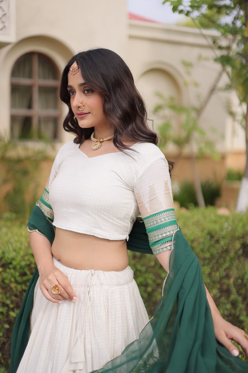 Dark Green Viscose Jacquard Lehenga Choli Set with Emerald Dupatta