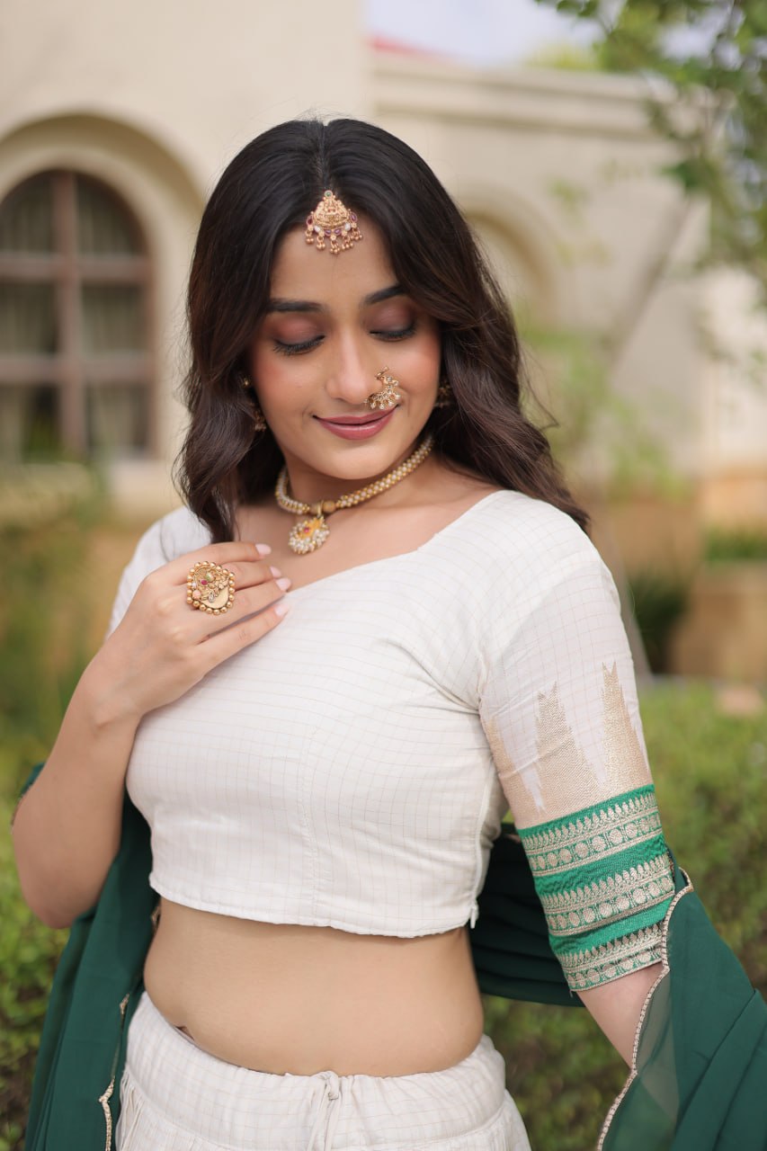 Dark Green Viscose Jacquard Lehenga Choli Set with Emerald Dupatta