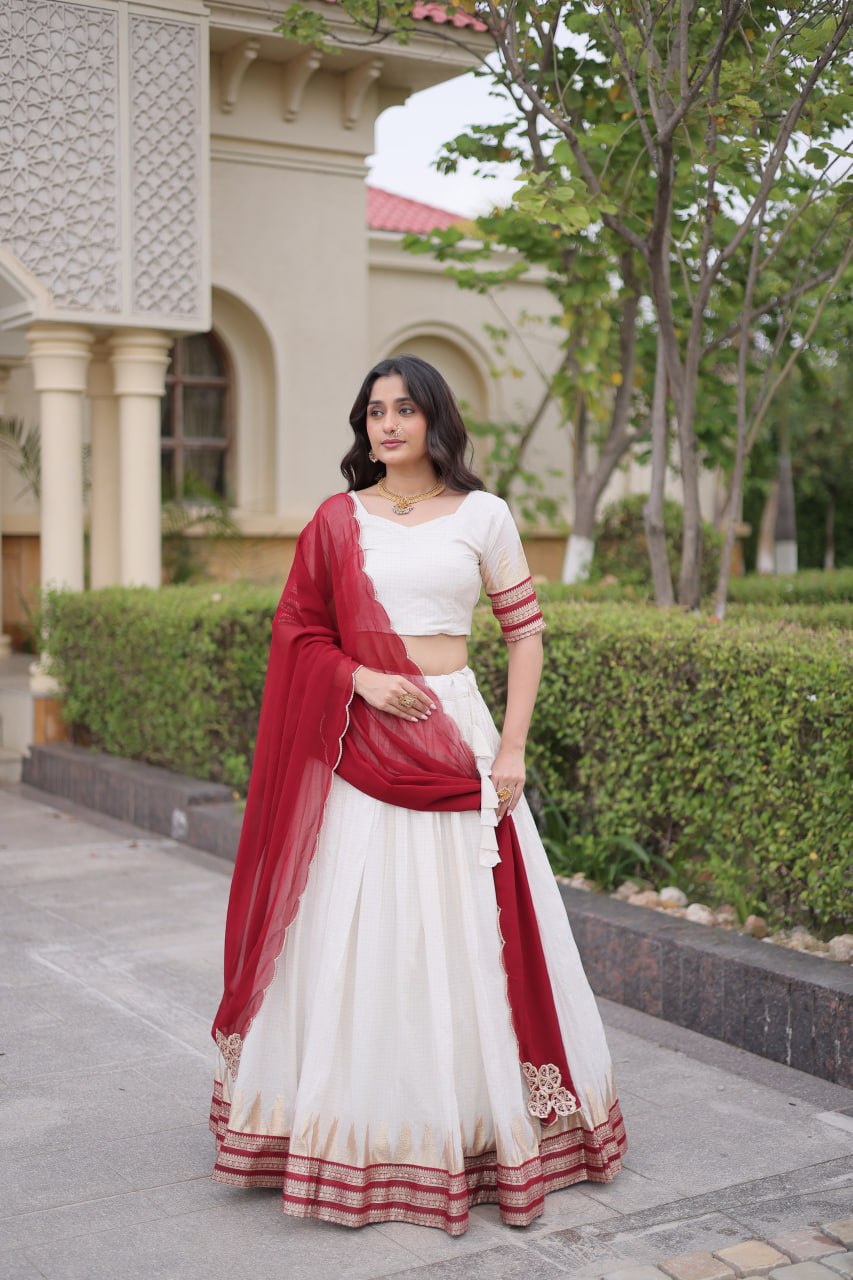 Red Viscose Jacquard Lehenga Choli Set with Emerald  Dupatta