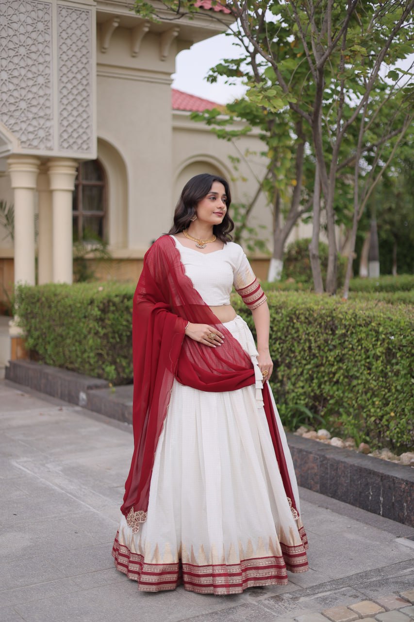 Red Viscose Jacquard Lehenga Choli Set with Emerald  Dupatta