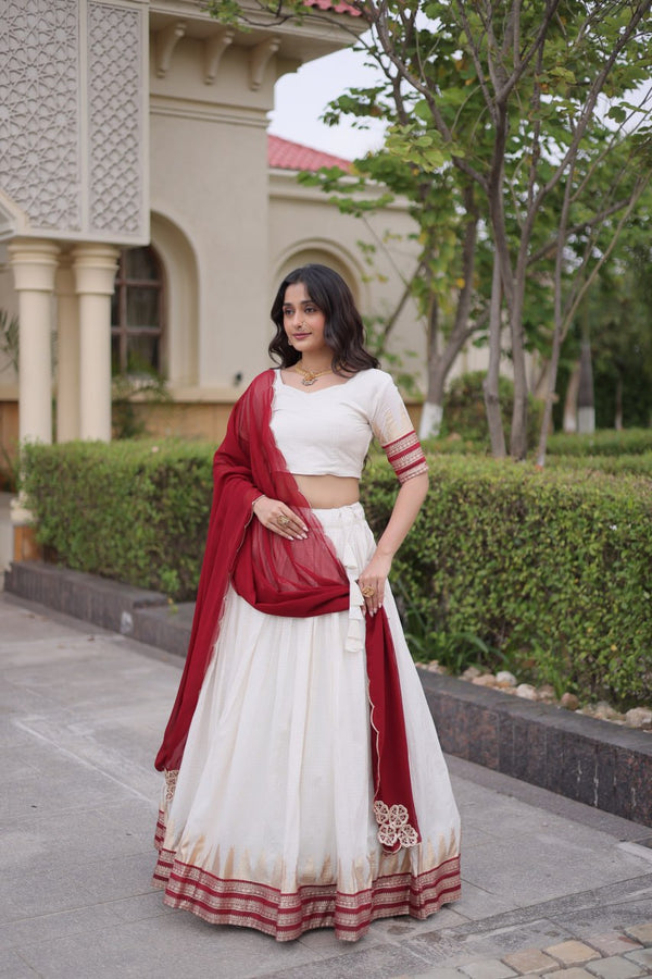 Red Viscose Jacquard Lehenga Choli Set with Emerald  Dupatta