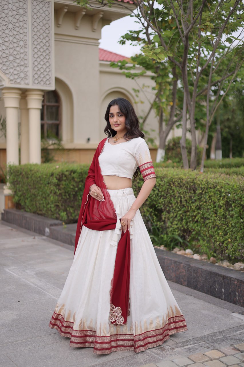 Red Viscose Jacquard Lehenga Choli Set with Emerald  Dupatta