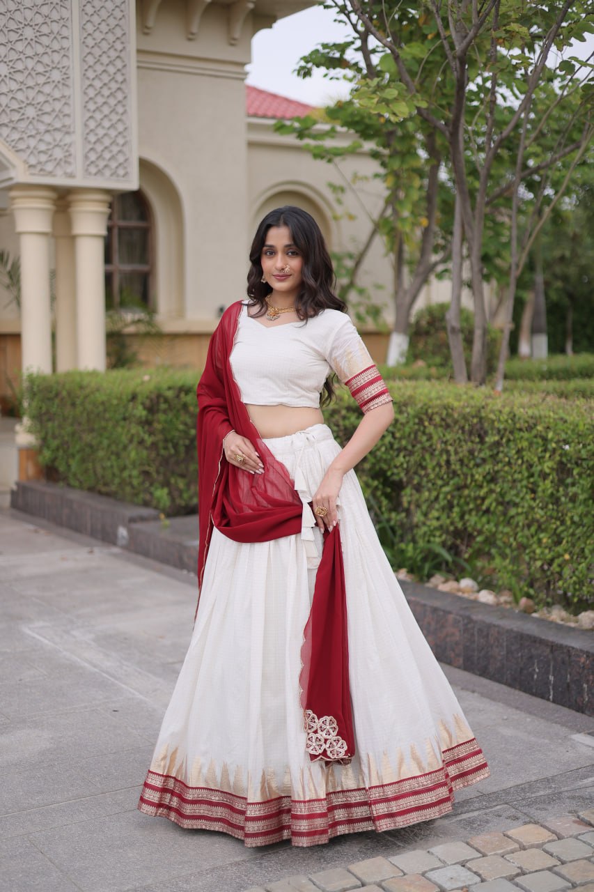 Red Viscose Jacquard Lehenga Choli Set with Emerald  Dupatta