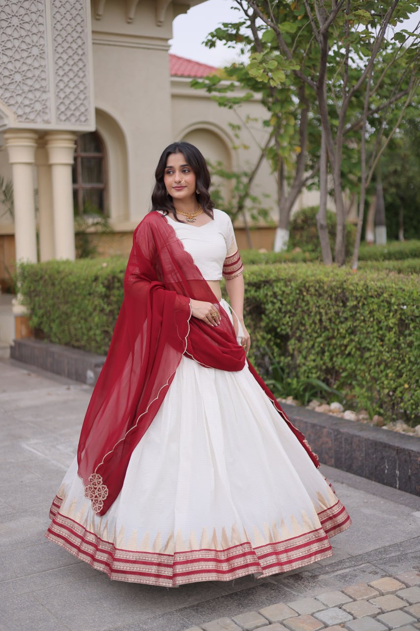 Red Viscose Jacquard Lehenga Choli Set with Emerald  Dupatta