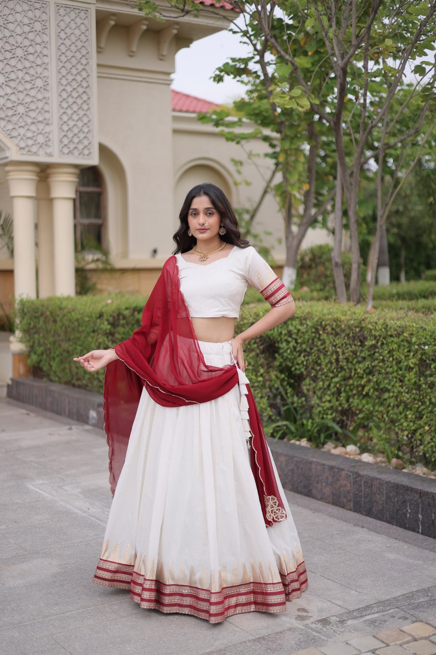 Red Viscose Jacquard Lehenga Choli Set with Emerald  Dupatta