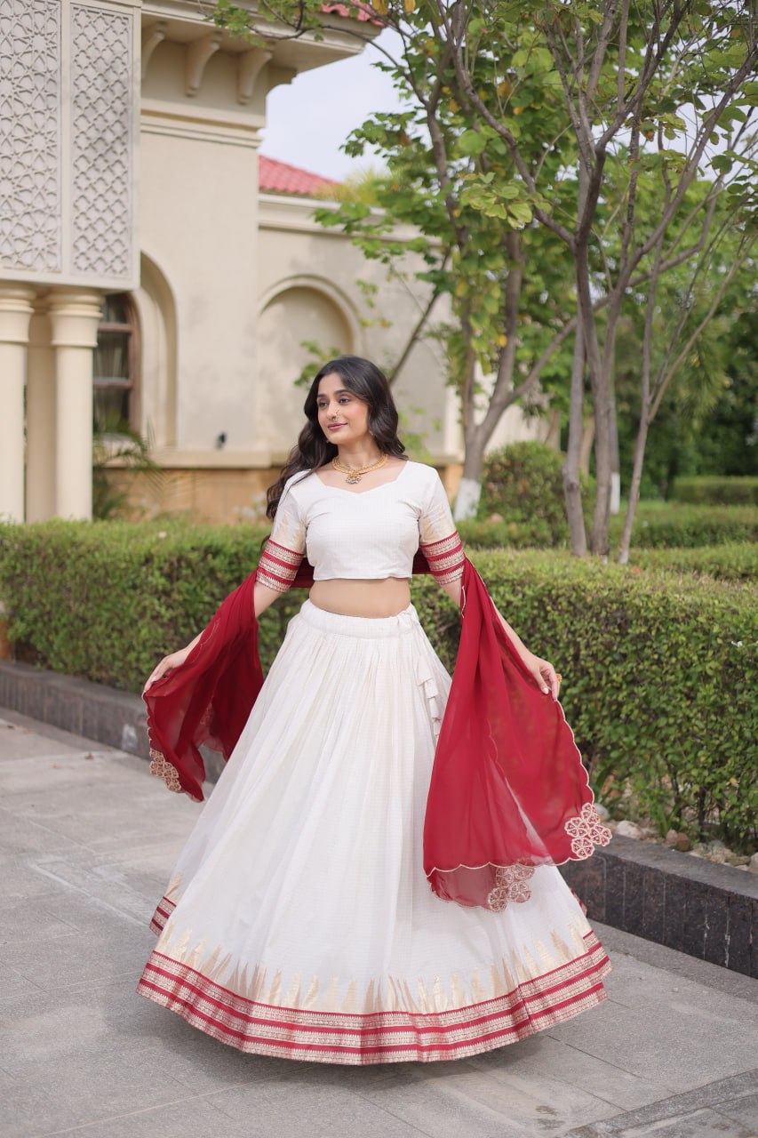 Red Viscose Jacquard Lehenga Choli Set with Emerald  Dupatta