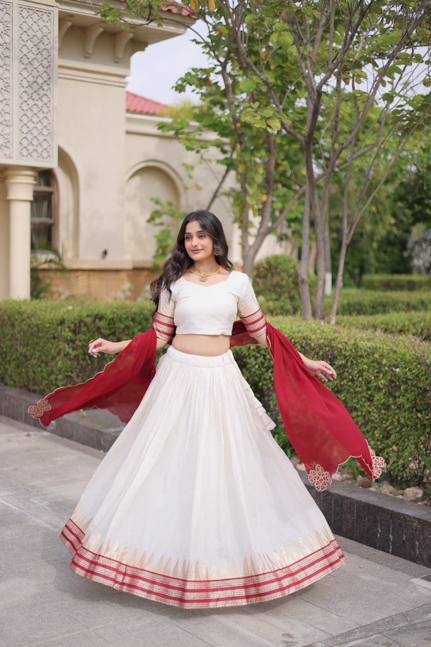 Red Viscose Jacquard Lehenga Choli Set with Emerald  Dupatta