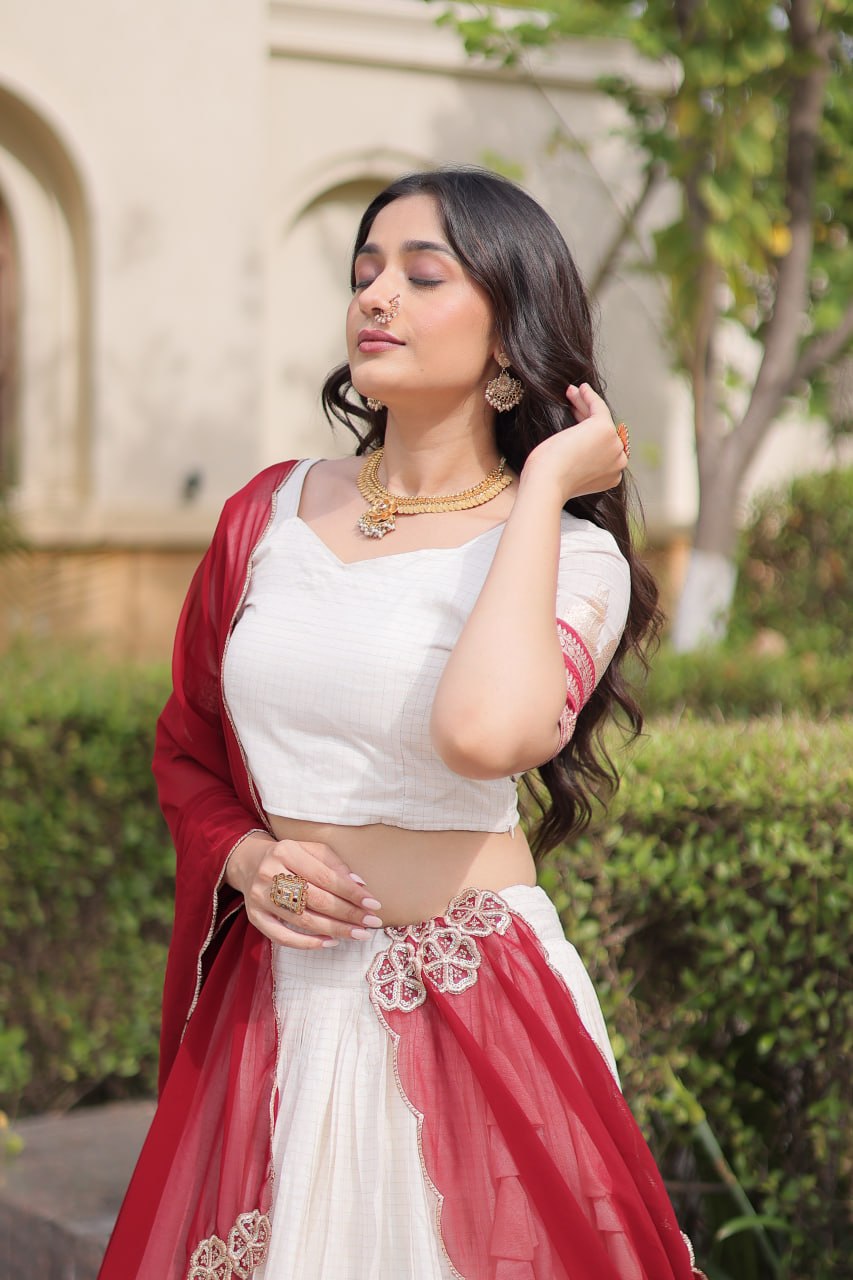 Red Viscose Jacquard Lehenga Choli Set with Emerald  Dupatta