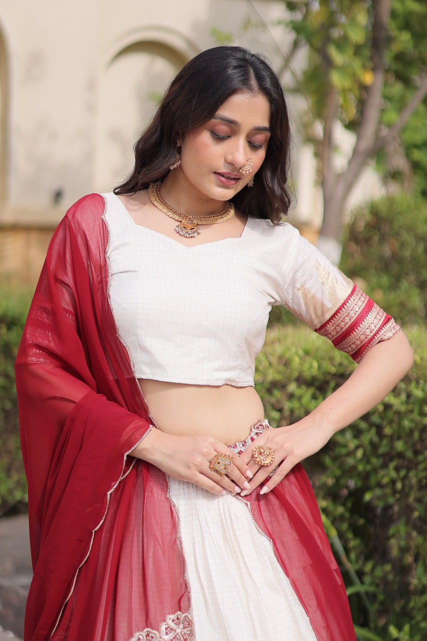 Red Viscose Jacquard Lehenga Choli Set with Emerald  Dupatta