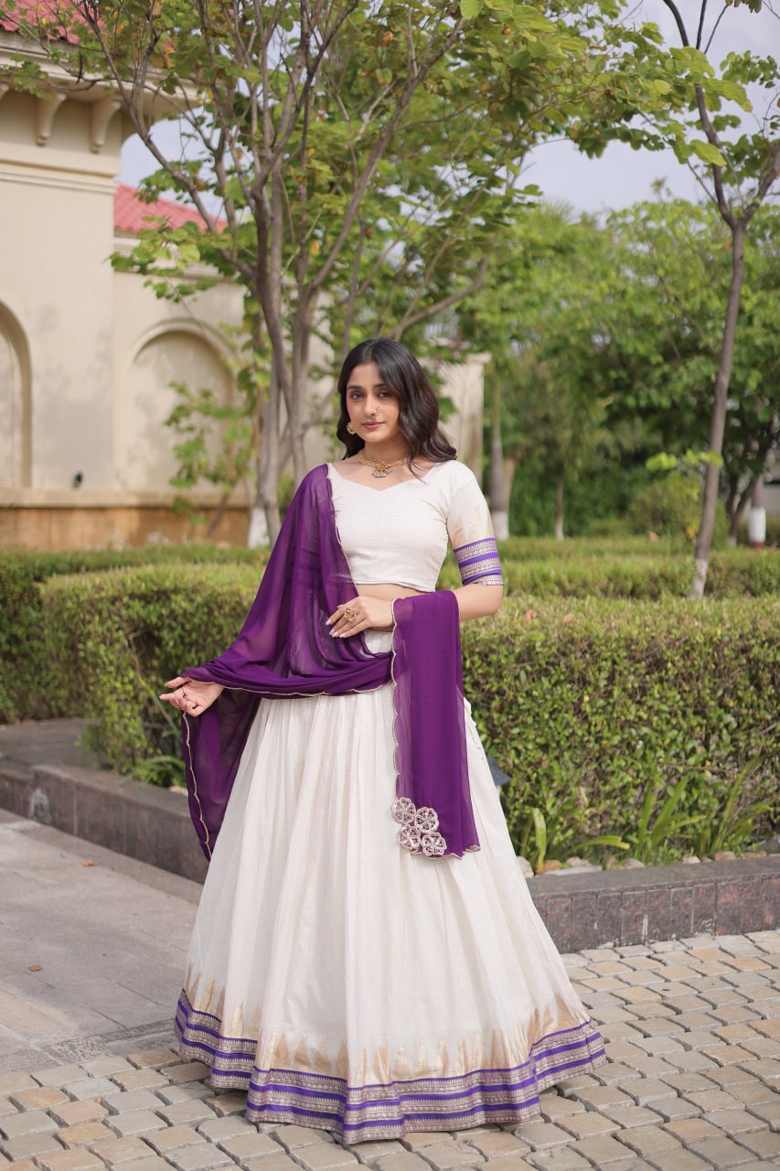 Dark Purple Viscose Jacquard Lehenga Choli Set with Emerald  Dupatta