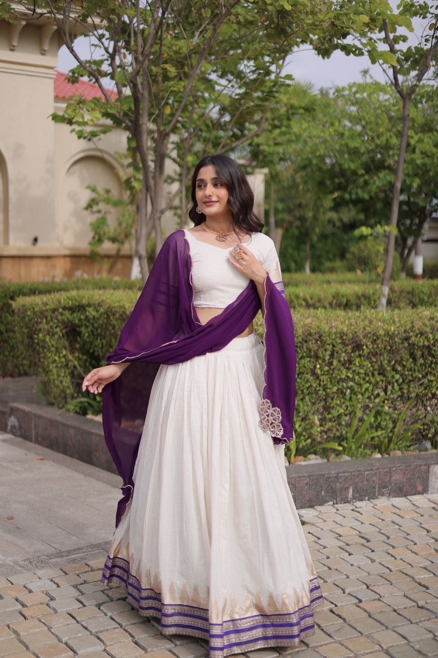 Dark Purple Viscose Jacquard Lehenga Choli Set with Emerald  Dupatta