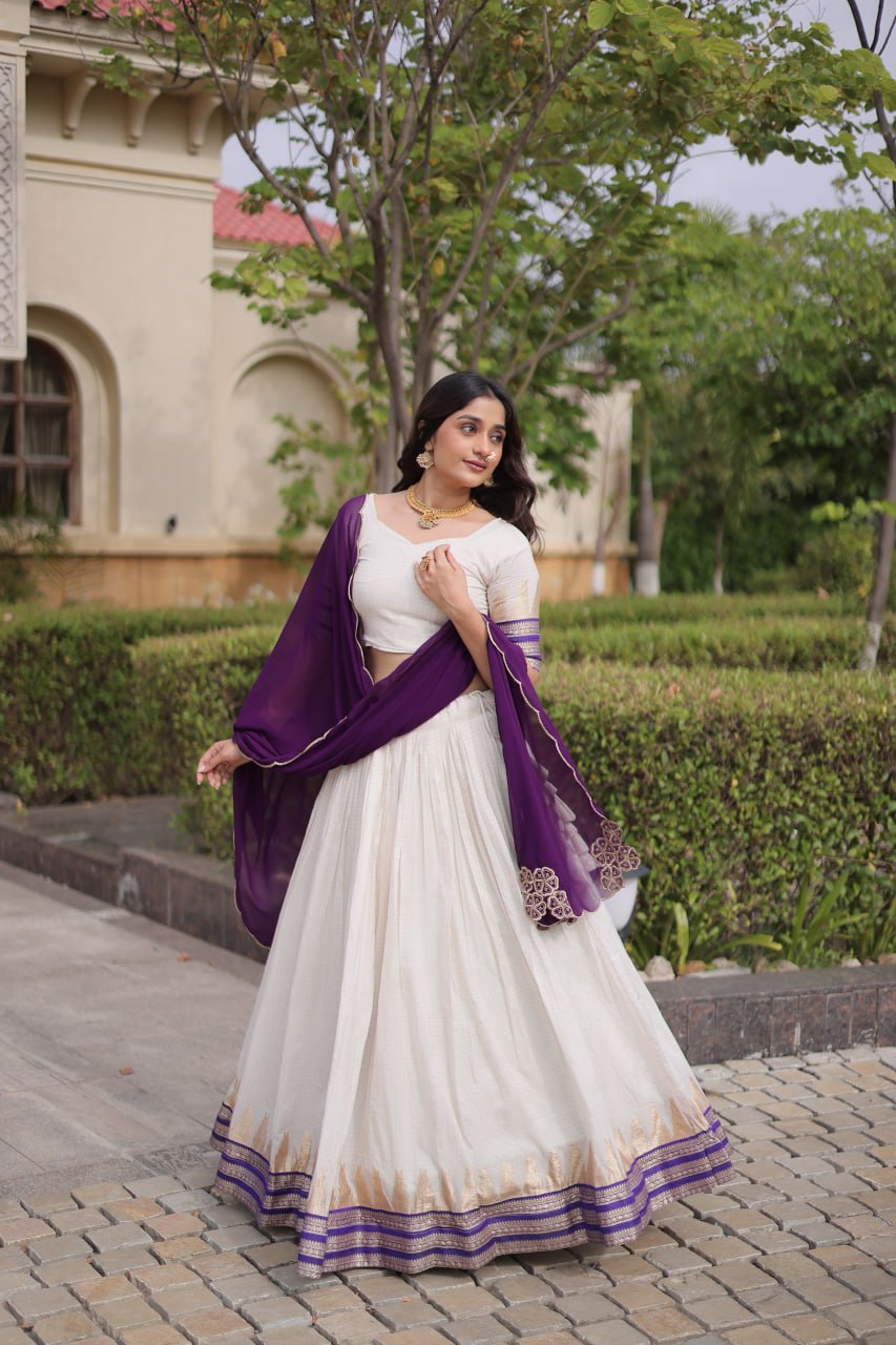 Dark Purple Viscose Jacquard Lehenga Choli Set with Emerald  Dupatta