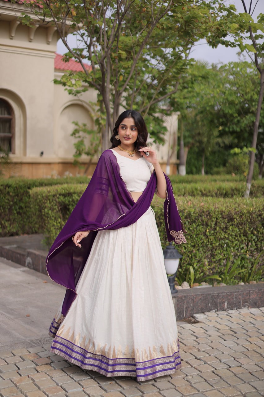 Dark Purple Viscose Jacquard Lehenga Choli Set with Emerald  Dupatta