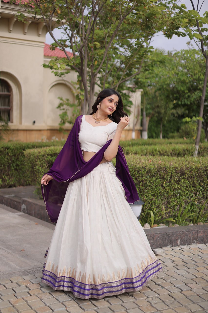 Dark Purple Viscose Jacquard Lehenga Choli Set with Emerald  Dupatta