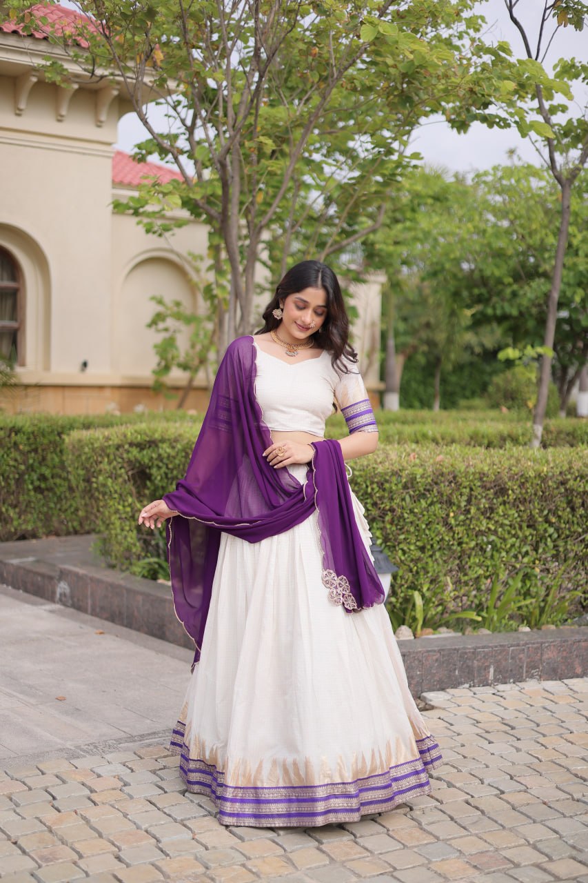 Dark Purple Viscose Jacquard Lehenga Choli Set with Emerald  Dupatta
