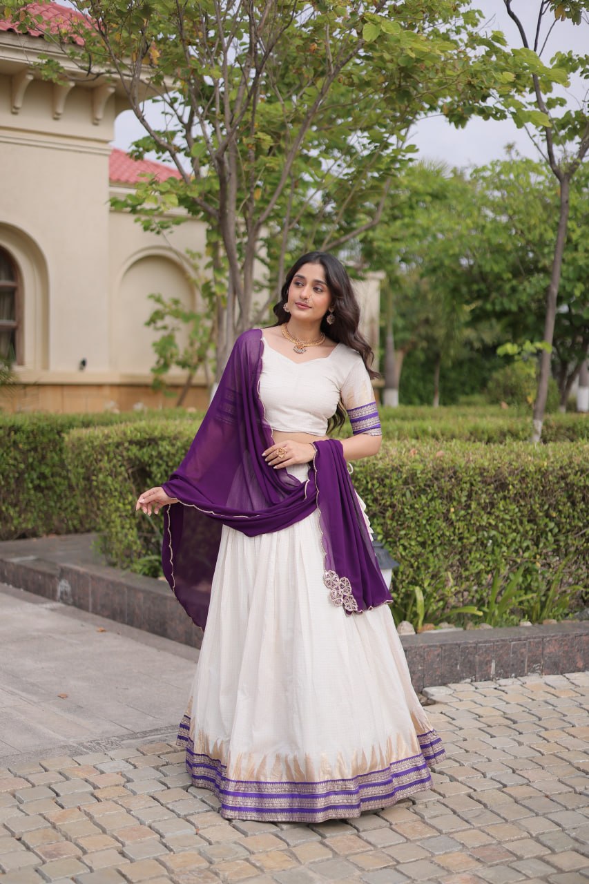 Dark Purple Viscose Jacquard Lehenga Choli Set with Emerald  Dupatta