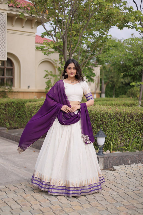 Dark Purple Viscose Jacquard Lehenga Choli Set with Emerald  Dupatta