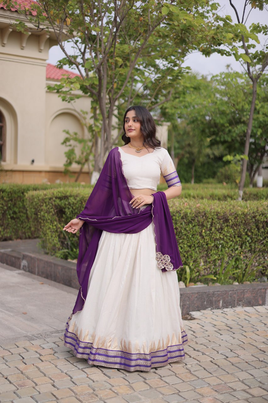 Dark Purple Viscose Jacquard Lehenga Choli Set with Emerald  Dupatta