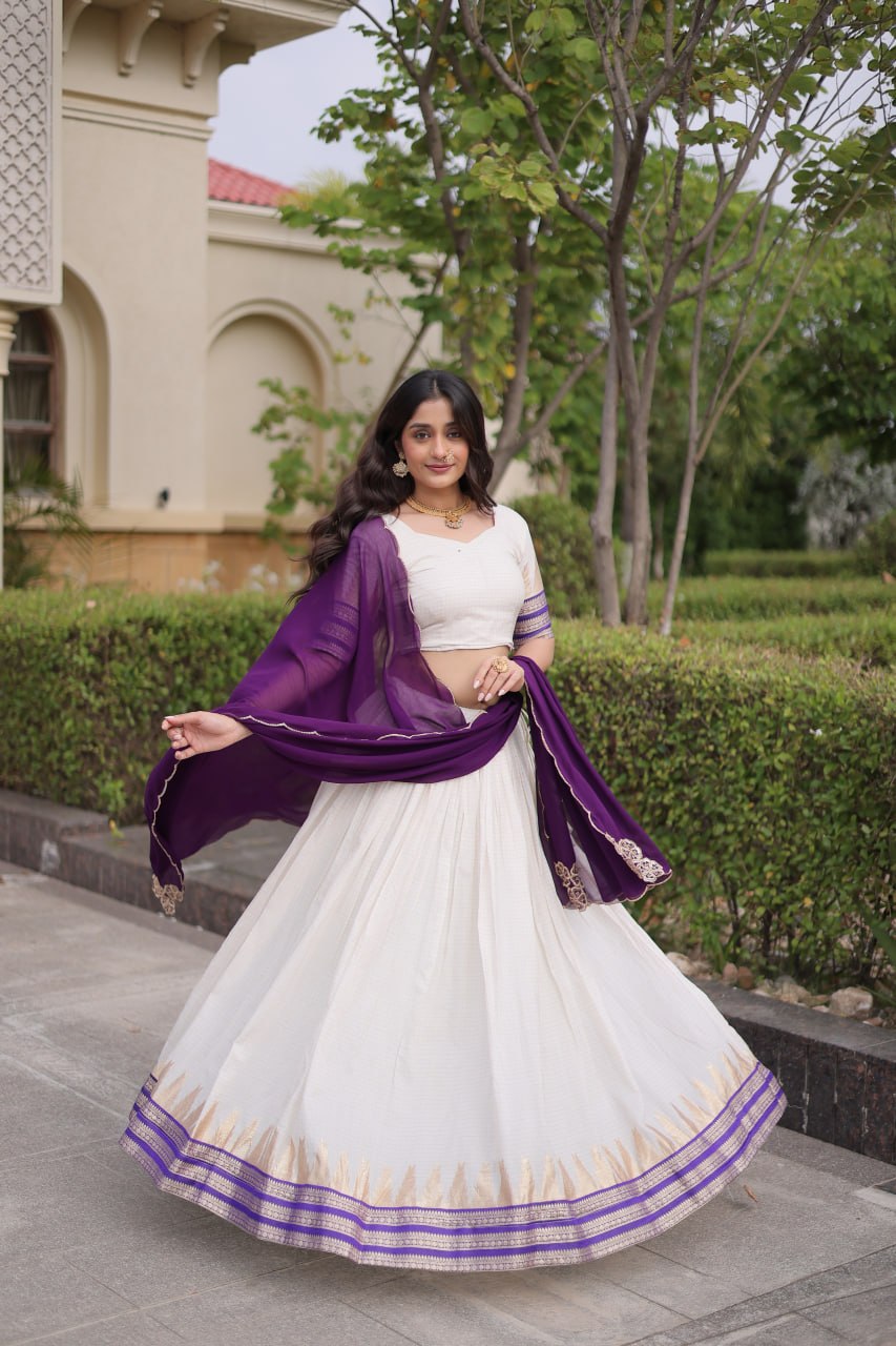 Dark Purple Viscose Jacquard Lehenga Choli Set with Emerald  Dupatta