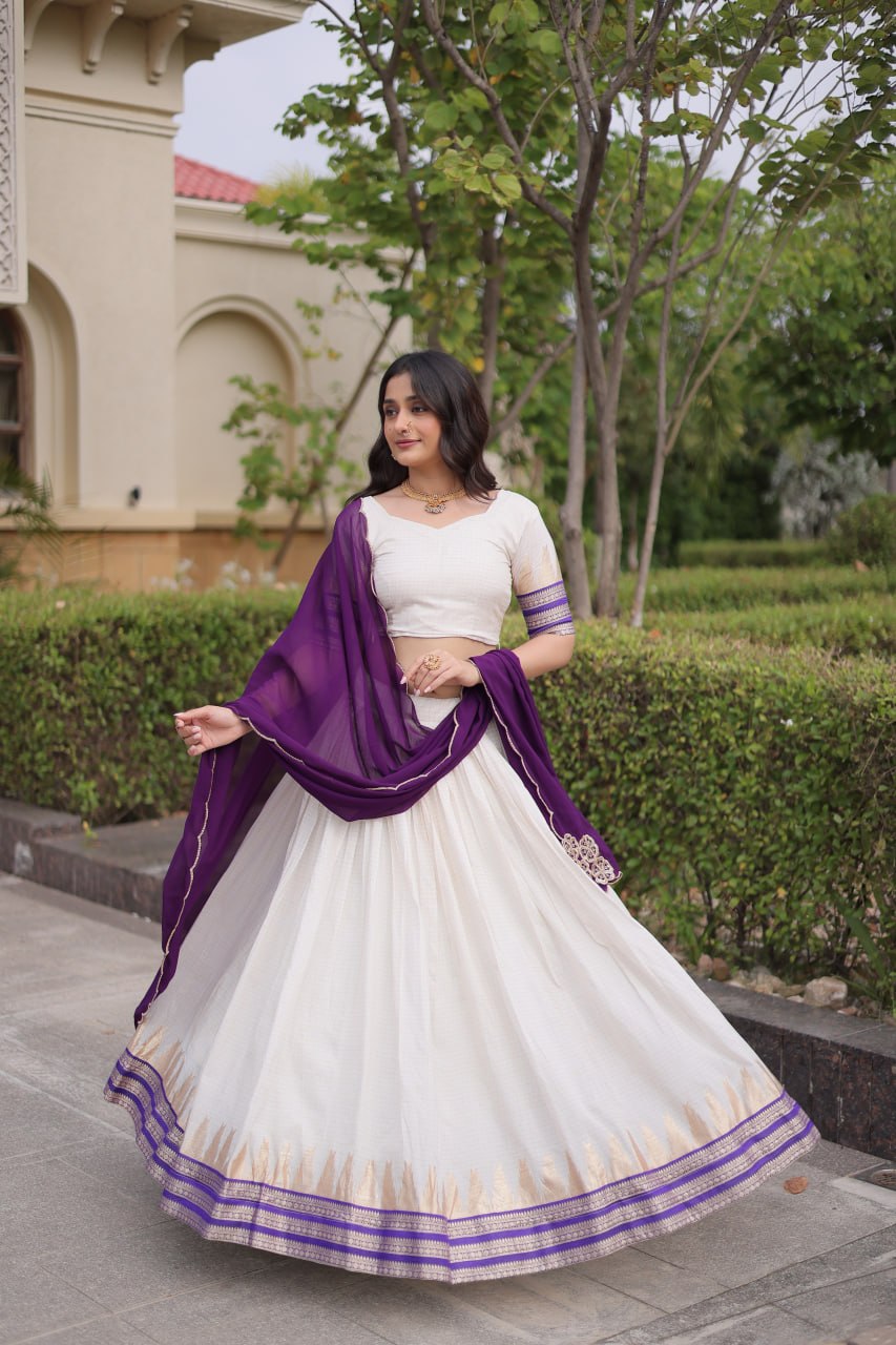 Dark Purple Viscose Jacquard Lehenga Choli Set with Emerald  Dupatta