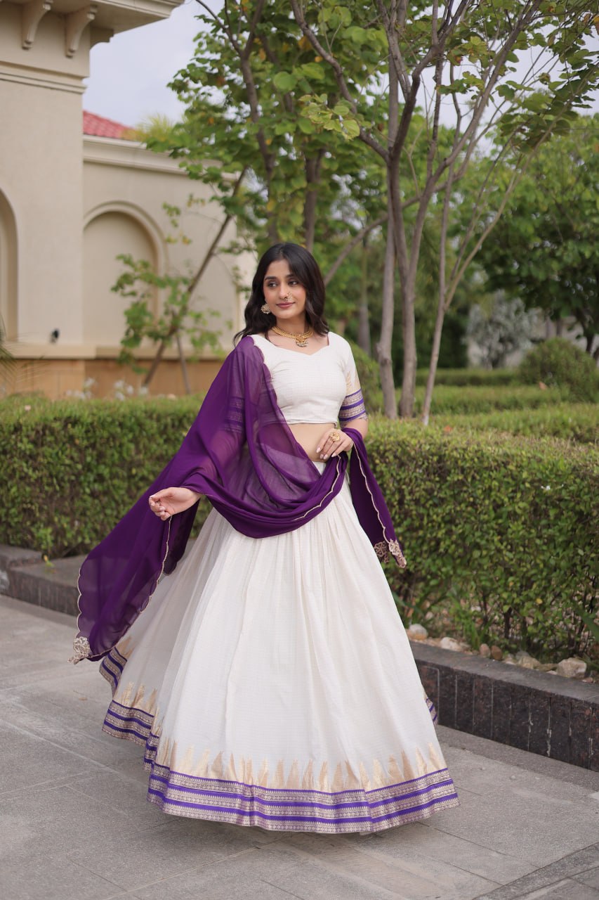 Dark Purple Viscose Jacquard Lehenga Choli Set with Emerald  Dupatta