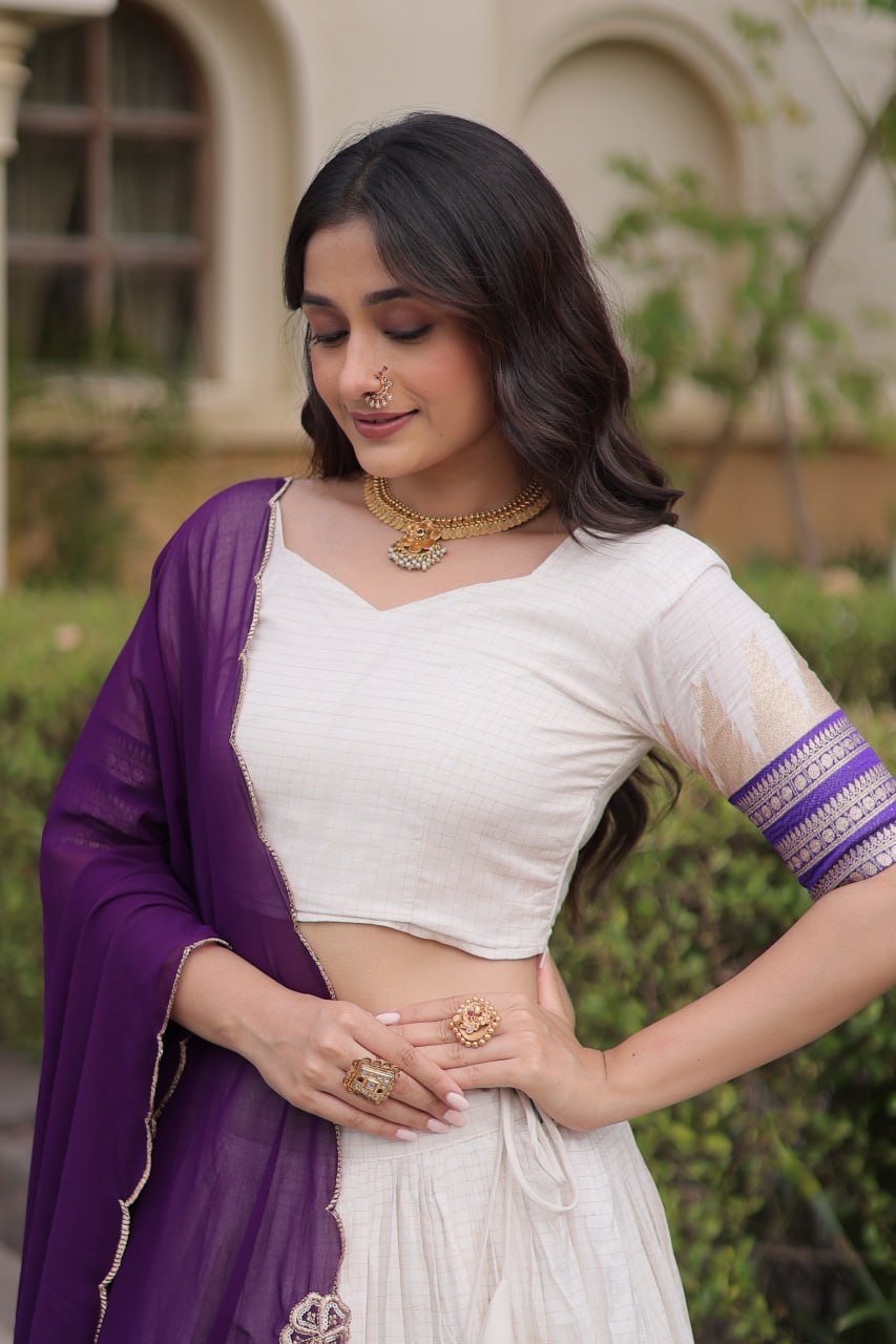 Dark Purple Viscose Jacquard Lehenga Choli Set with Emerald  Dupatta