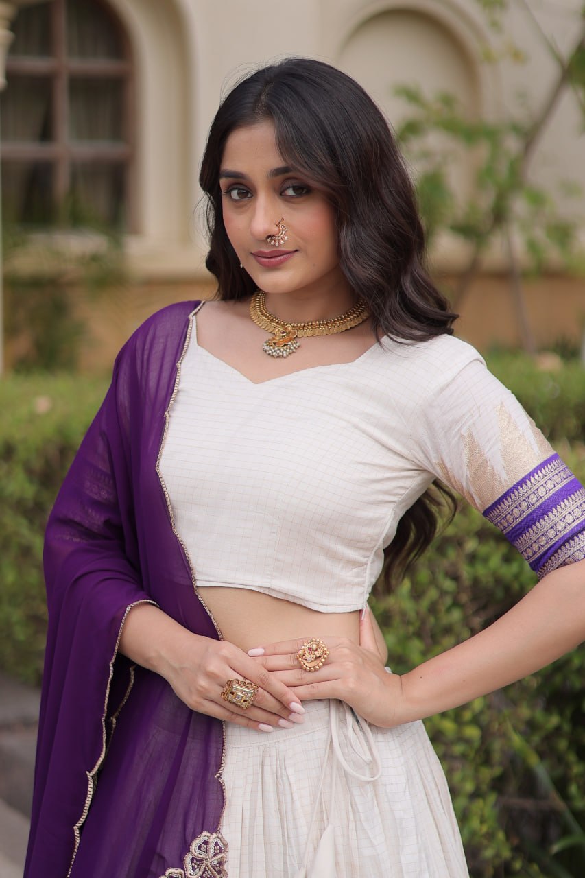 Dark Purple Viscose Jacquard Lehenga Choli Set with Emerald  Dupatta