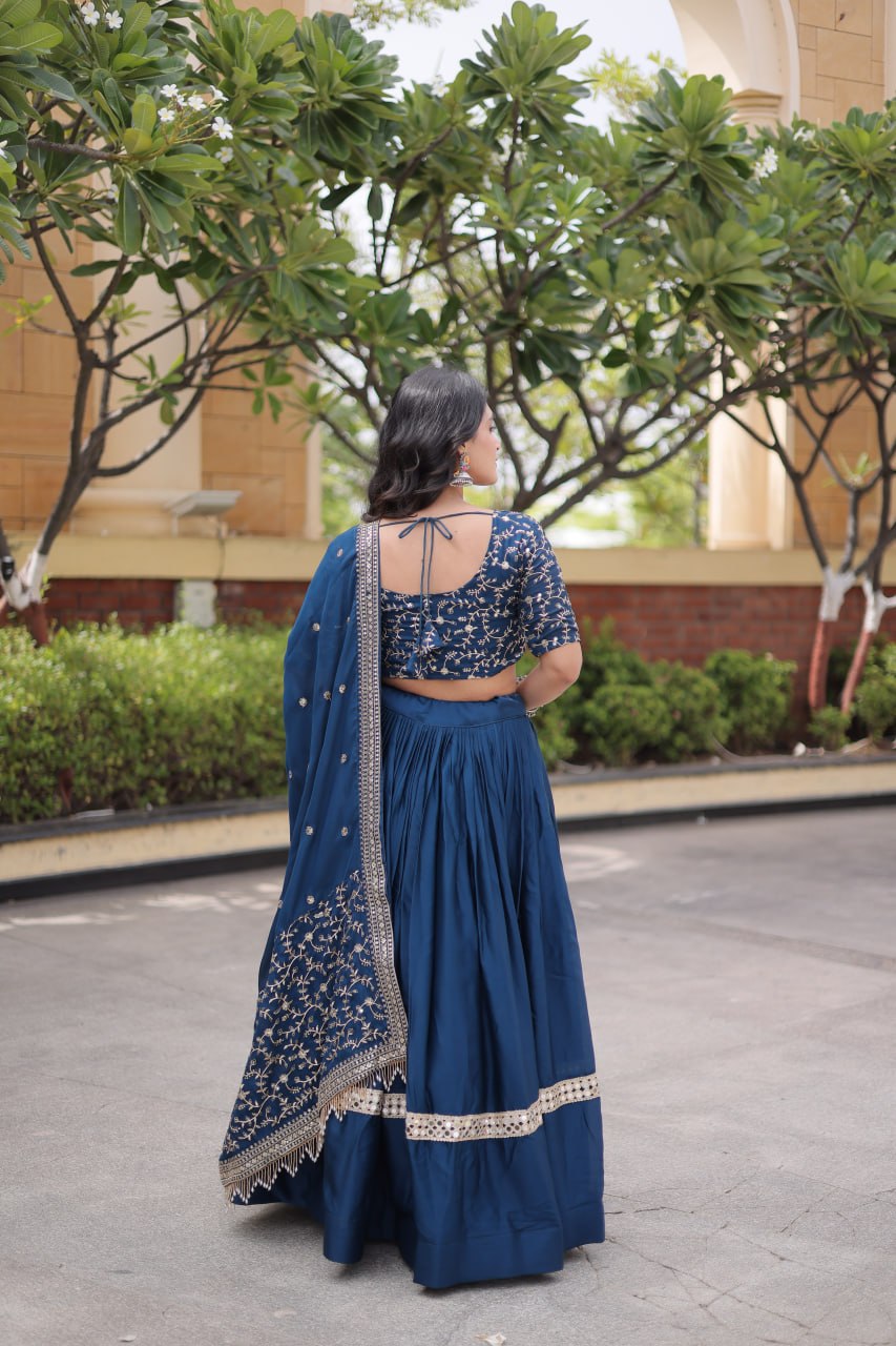 Navy Blue Glory Satin Embroidered Lehenga Choli Set