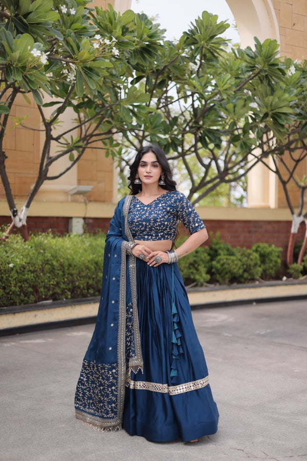 Navy Blue Glory Satin Embroidered Lehenga Choli Set